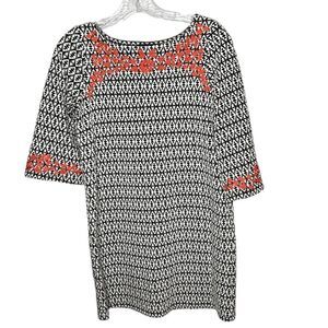 THML Black/White And Coral Embroidered MIDI Dress. Size XS.
